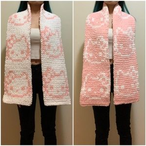 Handknit Light Pastel Pink White Hello Kitty Chunky Chenille Knit Scarf Handmade